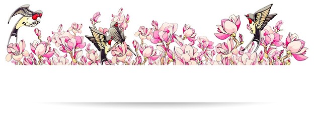 Horizontal border with sakura pink flowers and swallow or martlet bird. Spring frame for design with cherry tree flower. Decorative floral divider with shadow and copy space. Vector stock illustration