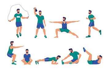 Fototapeta na wymiar A set of young men playing sports. Squats, push-ups, plank, meditation, yoga, stretching. Sports at home, street workout, healthy lifestyle. Flat cartoon vector illustration.