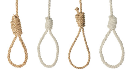 Rope nooses with knots on white background, collage - obrazy, fototapety, plakaty