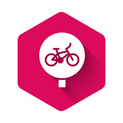 White Bicycle icon isolated with long shadow. Bike race. Extreme sport. Sport equipment. Pink hexagon button. Vector