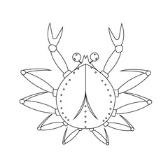 line art black color crab close up isolated on white background, vector illustration, claws and tentacles