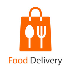 Logo con texto Food Delivery con tenedor y cuchara en bolsa de la compra en color naranja