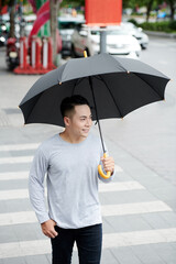 Positive young Vietnamese man in gray sweater walking with black umbrella on pedestrian crossing in city