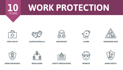 Work Protection icon set. Contains editable icons work safety theme such as first aid kit, respirator, roadwork sign and more.