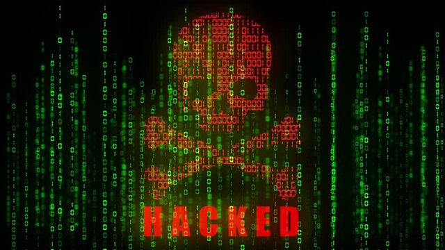 High tech motion graphic, with animated binary code theme, with red high tech hacker style skull and crossbones motif and flashing Hacked text, with matrix style binary code rain code flowing upwards