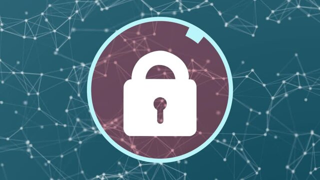 Clever motion graphic element of a circular system security logo with padlock, being hacked and unlocked, turning from red to green, on a plexus style background
