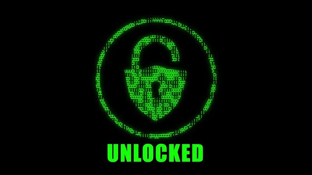 High tech motion graphic, with animated binary code theme, with flashing text, showing a locked system logo becoming unlocked, turning from red to green