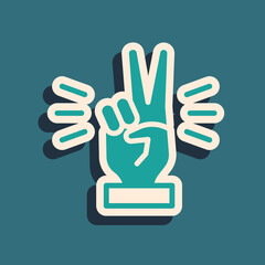 Green Hand showing two finger icon isolated on green background. Victory hand sign. Long shadow style. Vector