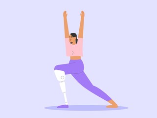 Flat vector illustration with young disabled woman does yoga. Concept of rehabilitation after an injury or amputation.