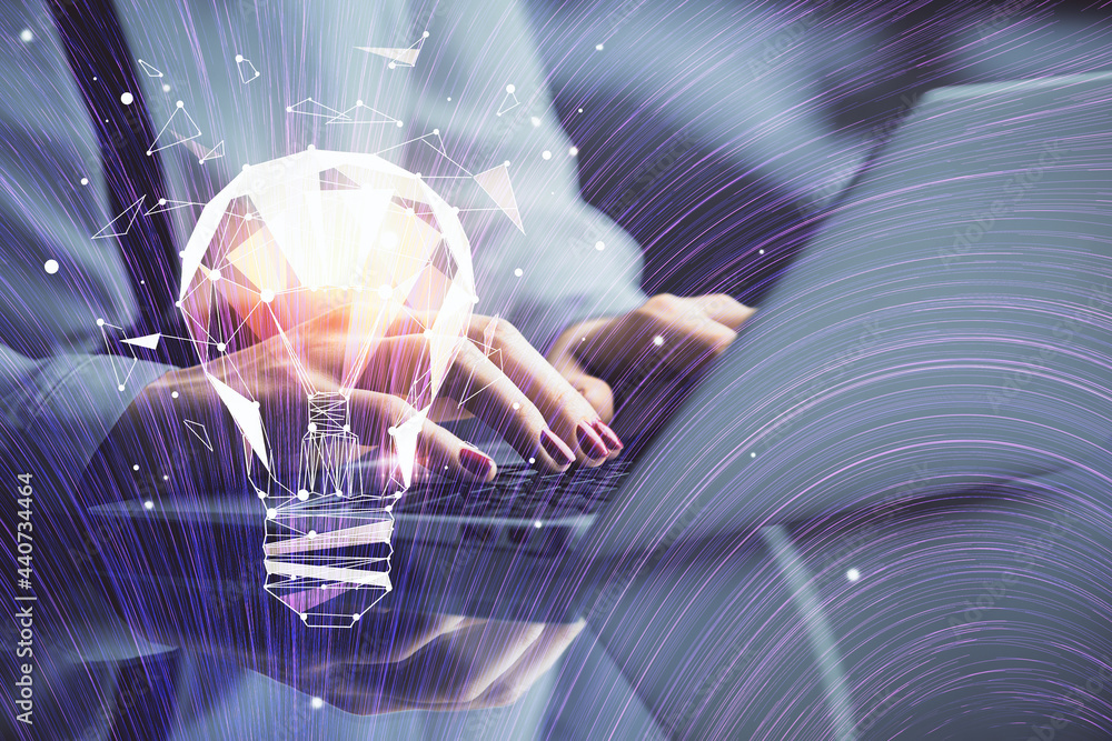 Poster double exposure of woman hands typing on computer and light bulb drawing. idea concept.