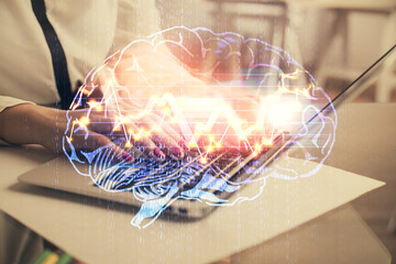 Multi exposure of woman hands working on computer and human brain hologram drawing. Ai tech concept.