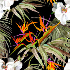 Obraz premium Palm leaves and tropical flowers watercolor on black background seamless pattern for all prints.