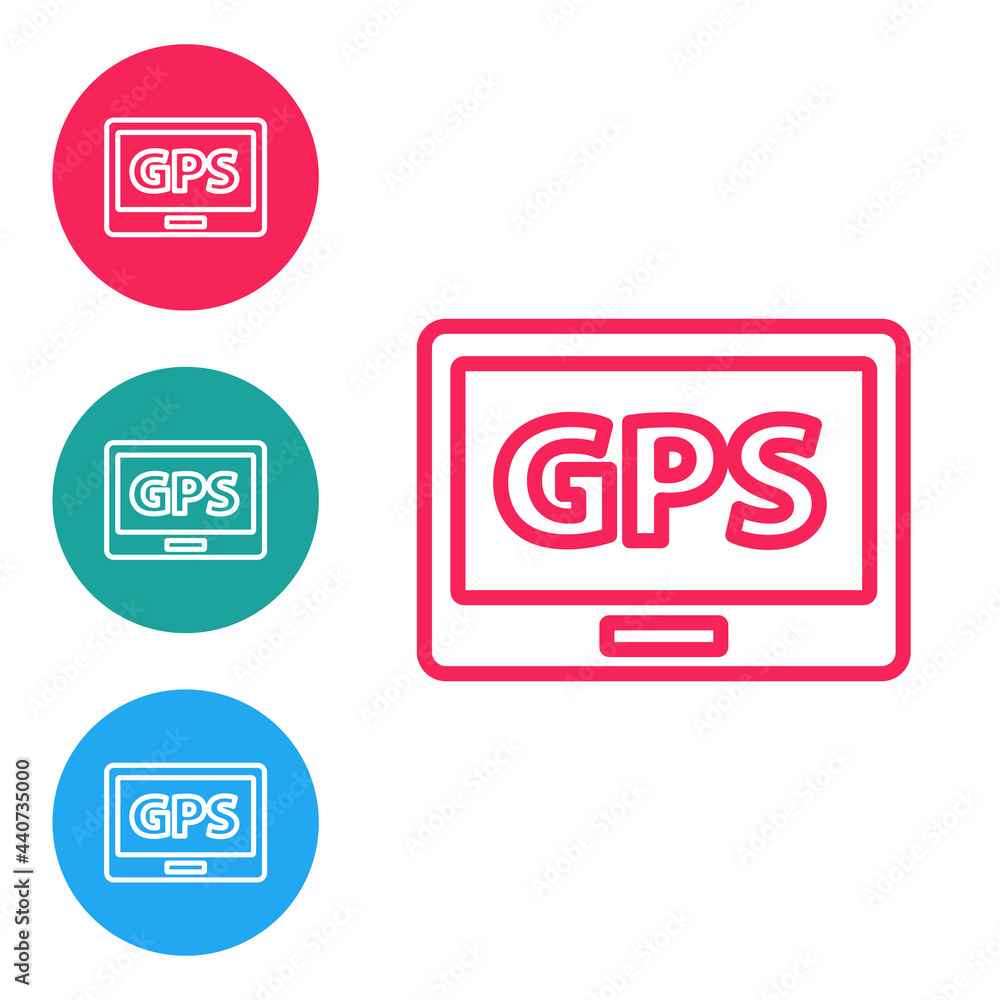 Poster red line gps device with map icon isolated on white background. set icons in circle buttons. vector 