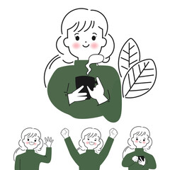 Collection of hand drawn cute woman character set. Vector illustrations in doodle style.