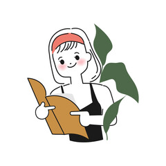 Hand drawn cute woman character reading a book. Vector illustrations in doodle style.