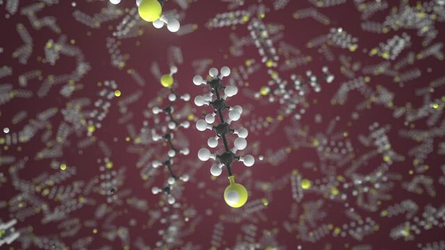 1-octanethiol molecule, conceptual molecular model. Scientific looping 3d animation