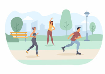 Morning sports in park. Girl with headphones jogging. Guy on roller skates rushes merrily along track. Get active start to day with fitness. Woman stretching on grass. Vector flat illustration