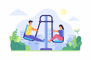 People swing feets on street trainer. Young man and woman actively warming up on fitness equipment. Outdoor fitness in park. Health exercise and strong body. Vector flat illustration