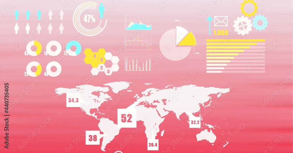 Poster digital interface with data processing over world map against pink gradient background