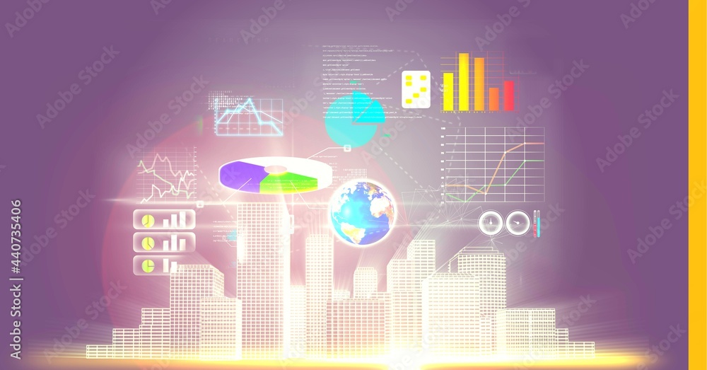 Poster digital interface with data processing over 3d city model against purple background