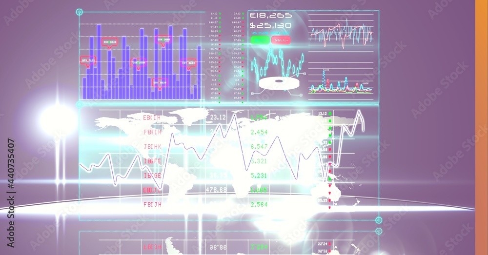 Poster digital interface with data processing over world map against spot of light on purple background