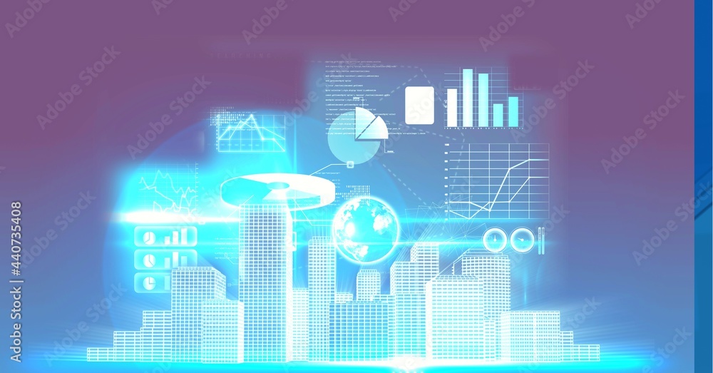 Poster digital interface with data processing over 3d city model against purple background