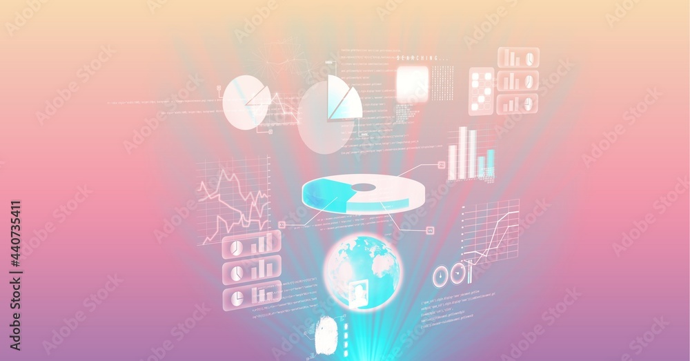 Poster digital interface with data processing over globe against pink and purple gradient background