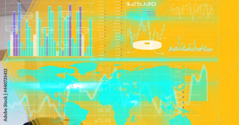 Poster digital interface with data processing over world map against yellow technology background
