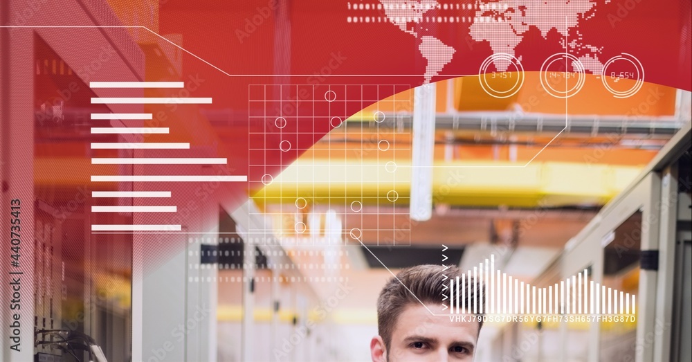 Poster digital interface with data processing over man in server room against red technology background