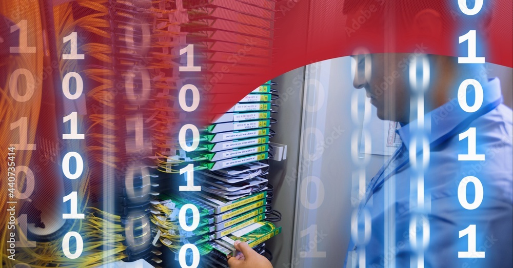 Poster binary coding data processing over man working in server room against red technology background
