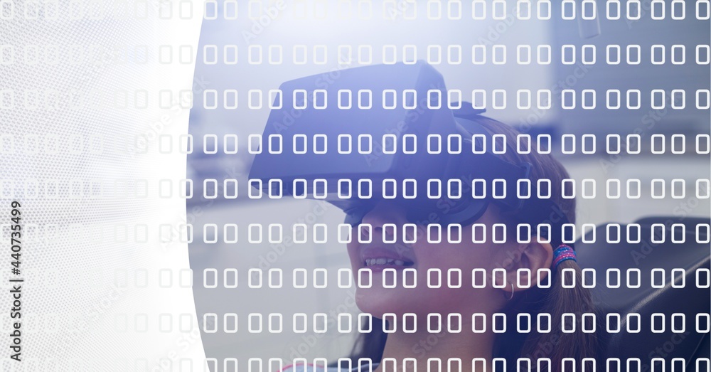 Aufkleber binary coding with data processing over girl wearing vr headset against white technology concept