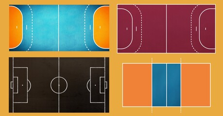Digitally generated image of multiple sports field layouts against orange background