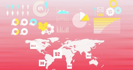 Obraz premium Digital interface with data processing over world map against pink gradient background