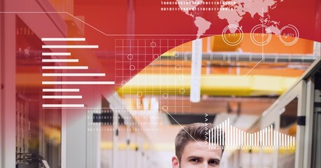 Digital interface with data processing over man in server room against red technology background