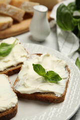 Bread with cream cheese and basil on plate, closeup