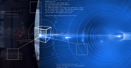 Binary coding data processing and geometric shapes against black technology background