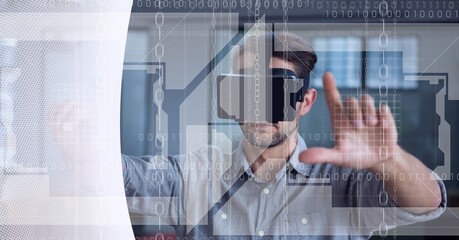 Binary coding data processing against man wearing vr headset against white technology background