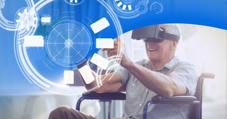Round scanners against senior disabled man wearing vr headset against blue technology background