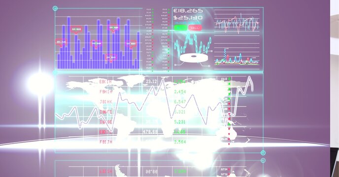 Digital interface with data processing over world map against spot of light on purple background - Powered by Adobe