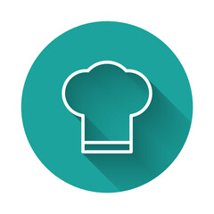 White line Chef hat icon isolated with long shadow. Cooking symbol. Cooks hat. Green circle button. Vector Illustration