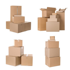 Set with different cardboard boxes on white background