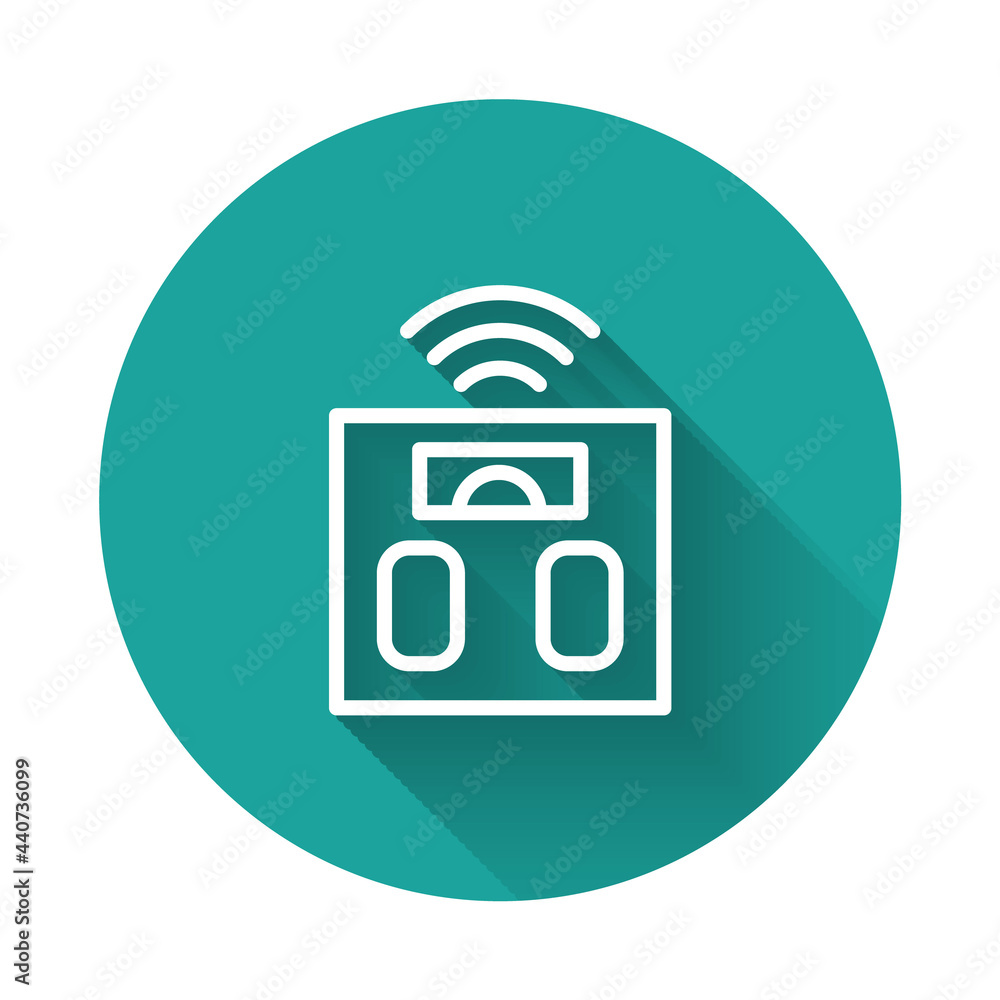 Poster white line smart bathroom scales icon isolated with long shadow. weight measure equipment. internet 