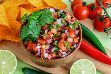 close up of tomato salsa roja traditional Mexican sauce with ingredients for making.
