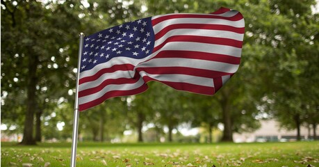 Composition of american flag over park