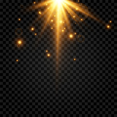 Golden light. A flash of light, a magical glow, particles of sparks. Sun, sun rays png. Light png. Vector image.