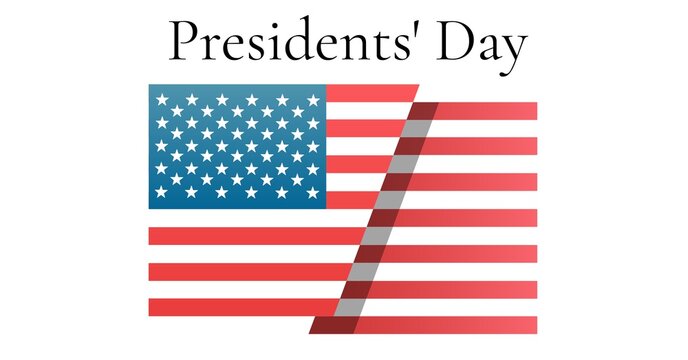 Composition of presidents day text and american flag on white background