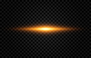 Gold line of light. Magic glow, horizontal flash. Glowing line png. Vector image.
