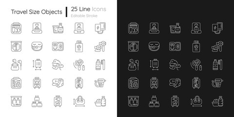 Travel size objects linear icons set for dark and light mode. Portable stuff for flight passenger. Customizable thin line symbols. Isolated vector outline illustrations. Editable stroke