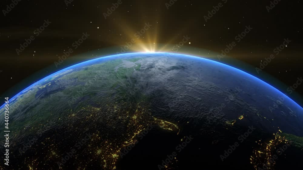 Wall mural sunrise and shadow on the earth rotate in space with star in universe. world realistic atmosphere 3d