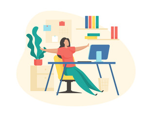 Muscle relaxation during work. Woman watches video fitness and repeats movements. Restoring body tone after long hours sitting. Active warm up and good mood. Vector illustration isolated.